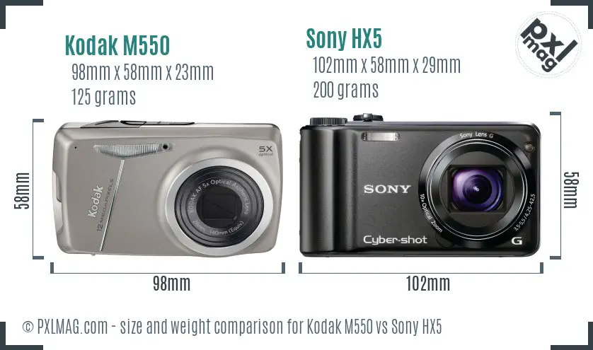 Kodak M550 vs Sony HX5 size comparison