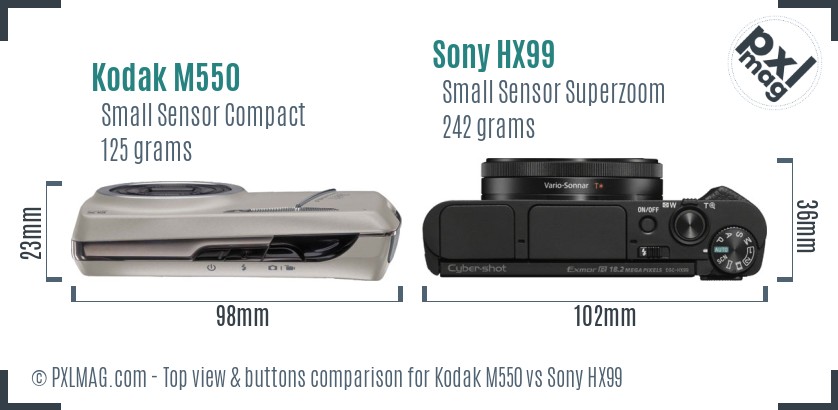 Kodak M550 vs Sony HX99 top view buttons comparison