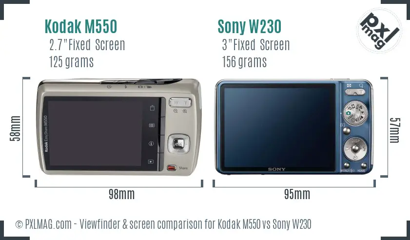 Kodak M550 vs Sony W230 Screen and Viewfinder comparison