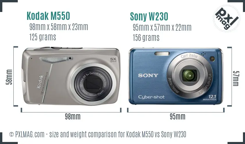 Kodak M550 vs Sony W230 size comparison