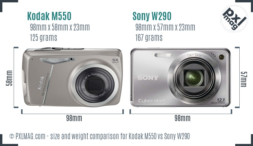 Kodak M550 vs Sony W290 size comparison