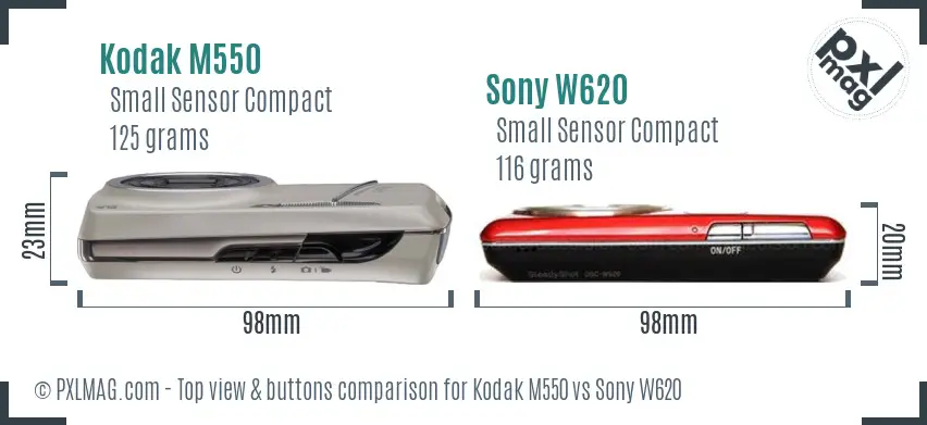 Kodak M550 vs Sony W620 top view buttons comparison