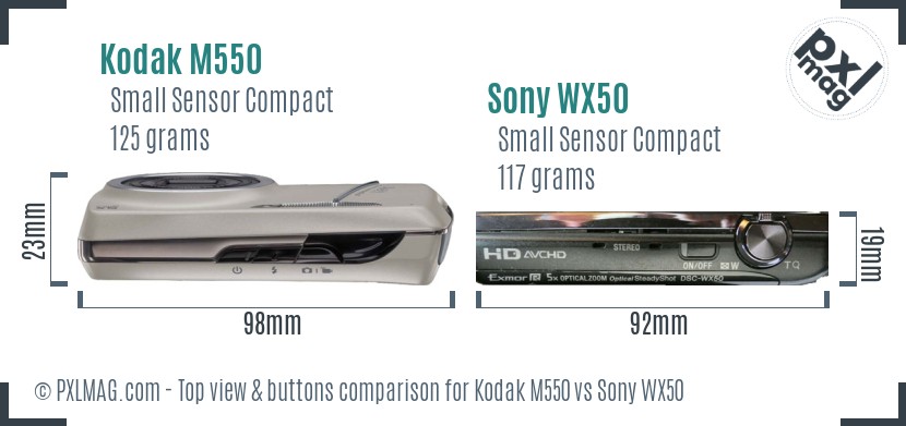 Kodak M550 vs Sony WX50 top view buttons comparison