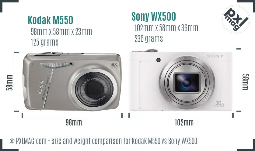 Kodak M550 vs Sony WX500 size comparison