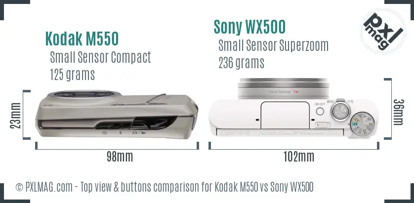 Kodak M550 vs Sony WX500 top view buttons comparison