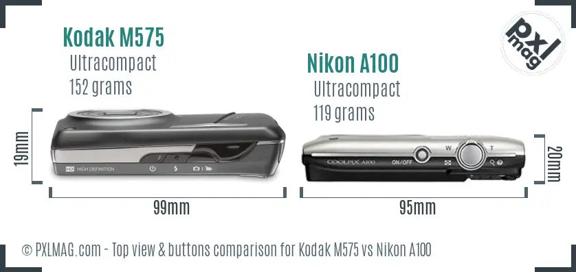 Kodak M575 vs Nikon A100 top view buttons comparison Kodak M575 vs Nikon A100 top view buttons comparison