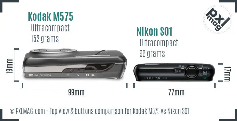 Kodak M575 vs Nikon S01 top view buttons comparison