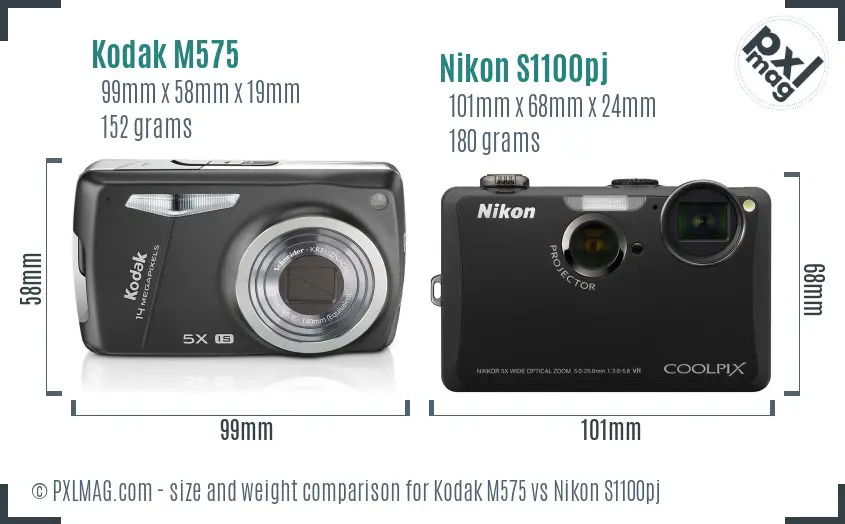 Kodak M575 vs Nikon S1100pj size comparison