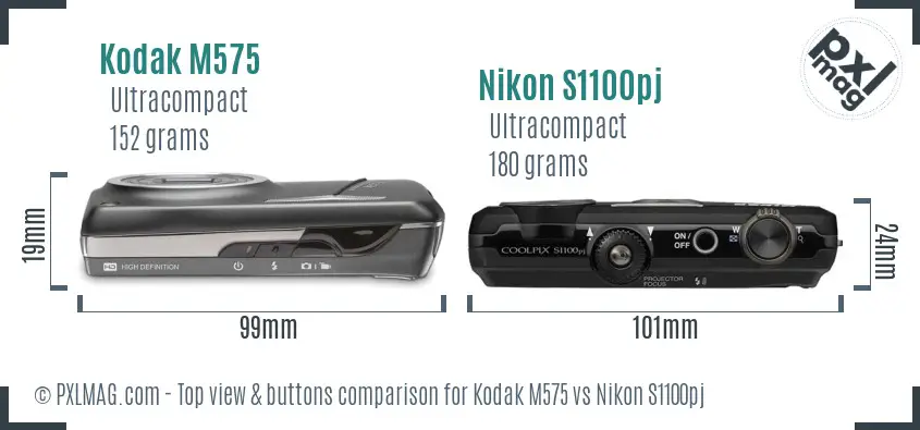 Kodak M575 vs Nikon S1100pj top view buttons comparison