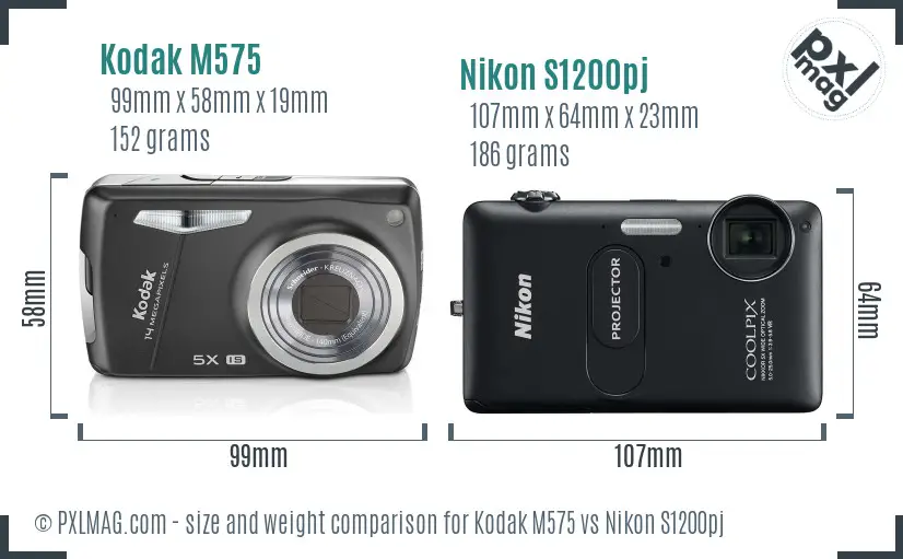 Kodak M575 vs Nikon S1200pj size comparison