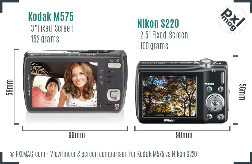 Kodak M575 vs Nikon S220 Screen and Viewfinder comparison