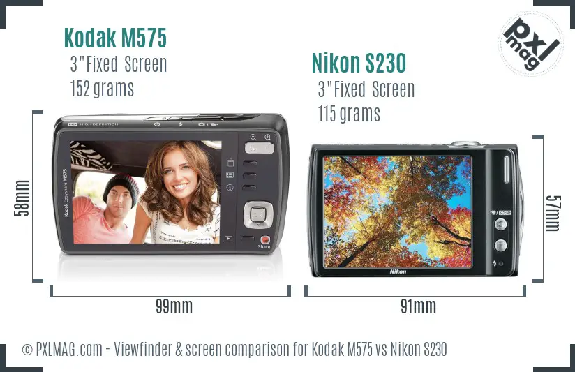 Kodak M575 vs Nikon S230 Screen and Viewfinder comparison