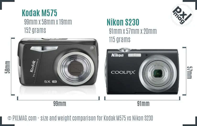 Kodak M575 vs Nikon S230 size comparison