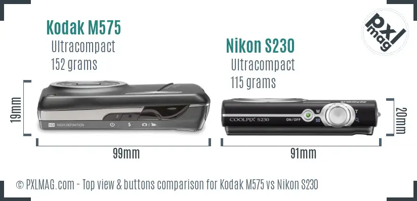 Kodak M575 vs Nikon S230 top view buttons comparison