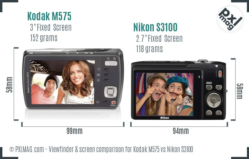 Kodak M575 vs Nikon S3100 Screen and Viewfinder comparison