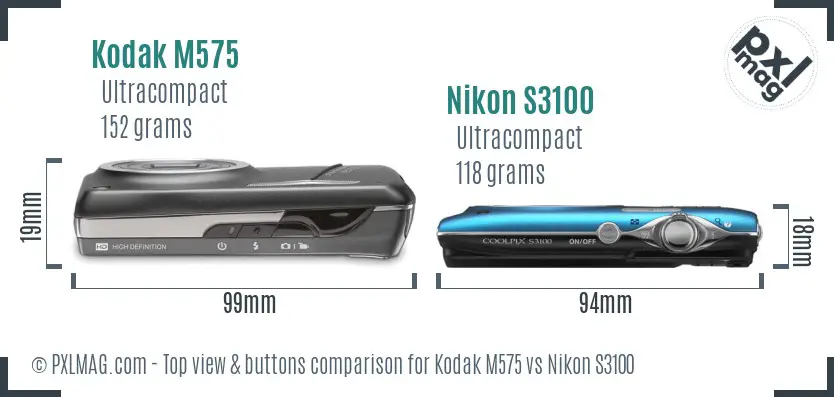 Kodak M575 vs Nikon S3100 top view buttons comparison