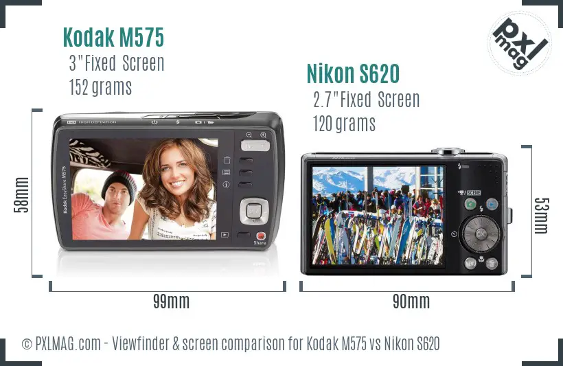 Kodak M575 vs Nikon S620 Screen and Viewfinder comparison