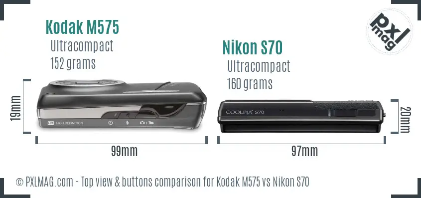Kodak M575 vs Nikon S70 top view buttons comparison