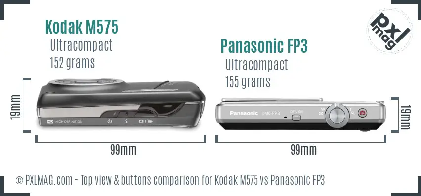 Kodak M575 vs Panasonic FP3 top view buttons comparison Kodak M575 vs Panasonic FP3 top view buttons comparison