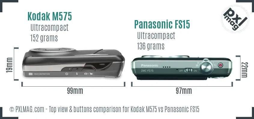 Kodak M575 vs Panasonic FS15 top view buttons comparison Kodak M575 vs Panasonic FS15 top view buttons comparison