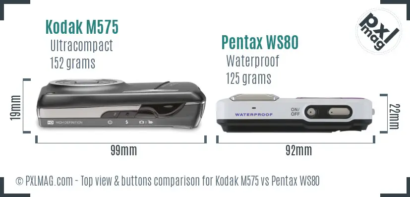 Kodak M575 vs Pentax WS80 top view buttons comparison