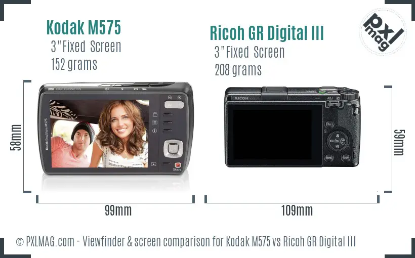 Kodak M575 vs Ricoh GR Digital III Screen and Viewfinder comparison