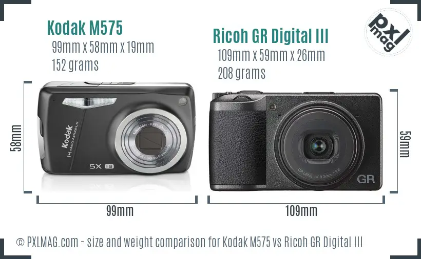 Kodak M575 vs Ricoh GR Digital III size comparison