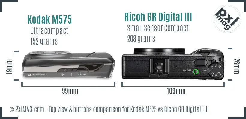 Kodak M575 vs Ricoh GR Digital III top view buttons comparison