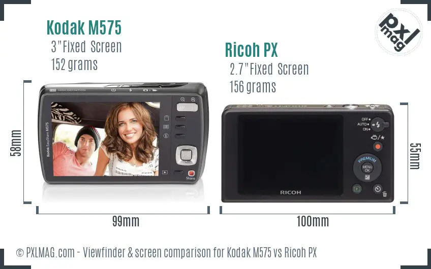 Kodak M575 vs Ricoh PX Screen and Viewfinder comparison