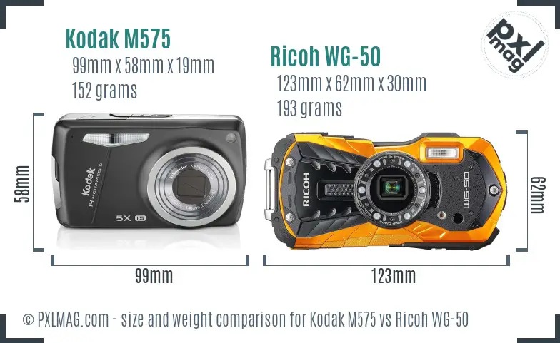 Kodak M575 vs Ricoh WG-50 size comparison