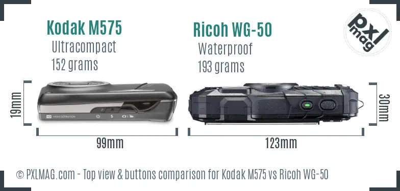 Kodak M575 vs Ricoh WG-50 top view buttons comparison