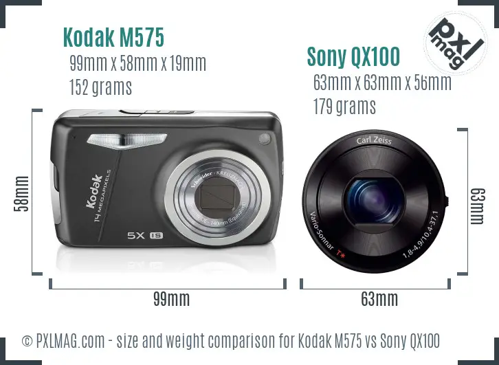 Kodak M575 vs Sony QX100 size comparison