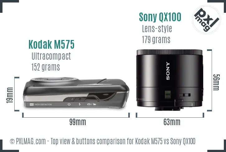 Kodak M575 vs Sony QX100 top view buttons comparison