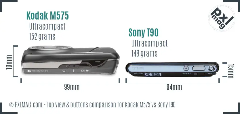 Kodak M575 vs Sony T90 top view buttons comparison