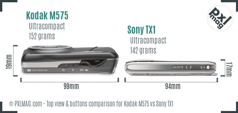 Kodak M575 vs Sony TX1 top view buttons comparison