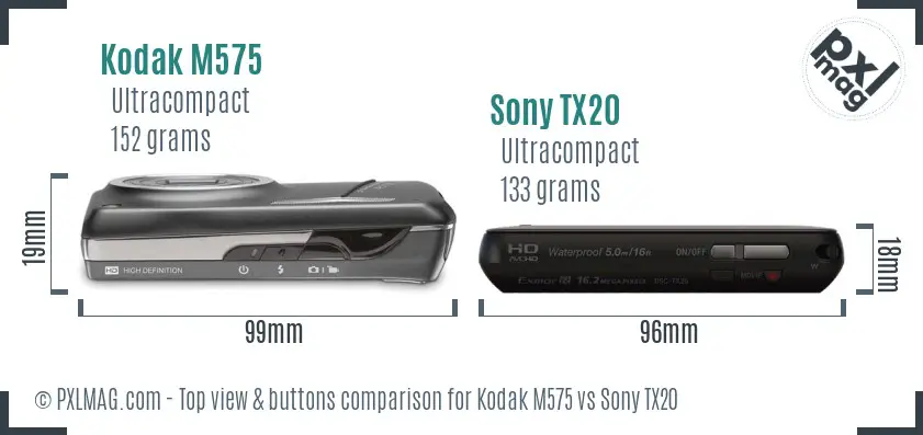 Kodak M575 vs Sony TX20 top view buttons comparison