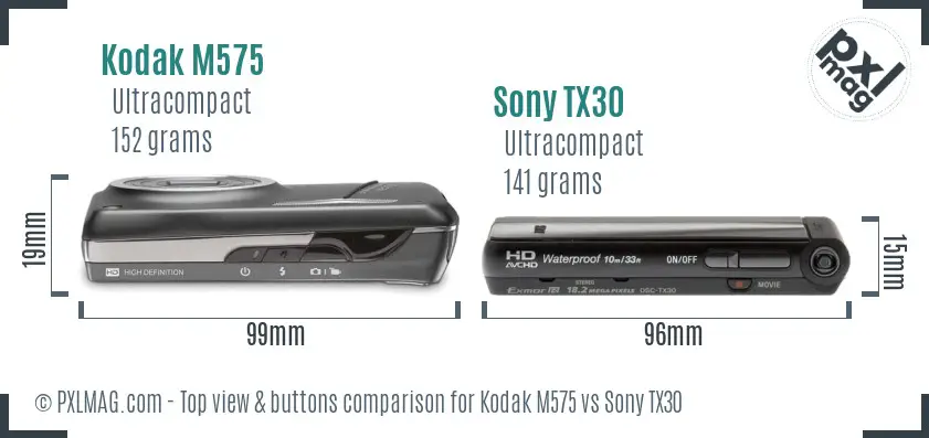 Kodak M575 vs Sony TX30 top view buttons comparison