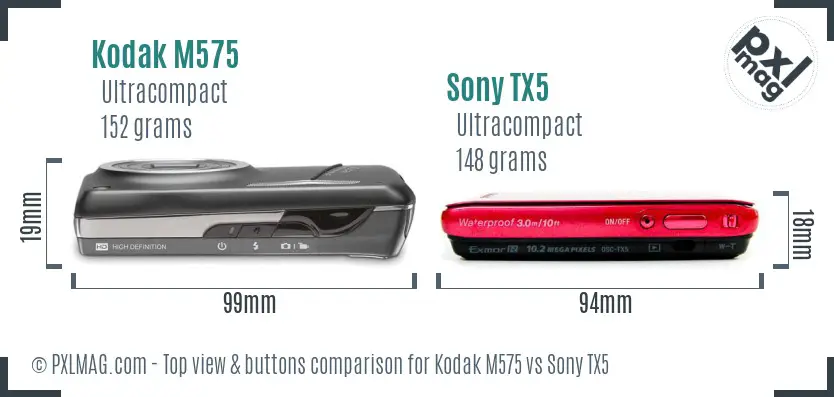 Kodak M575 vs Sony TX5 top view buttons comparison Kodak M575 vs Sony TX5 top view buttons comparison