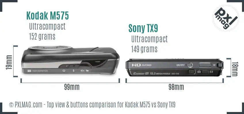 Kodak M575 vs Sony TX9 top view buttons comparison