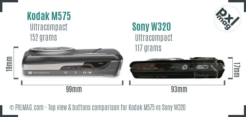 Kodak M575 vs Sony W320 top view buttons comparison Kodak M575 vs Sony W320 top view buttons comparison