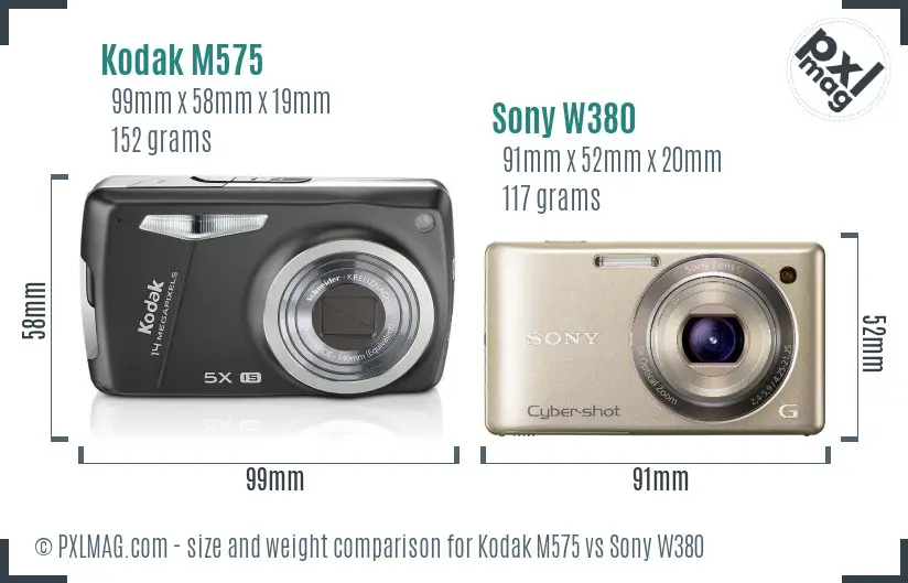 Kodak M575 vs Sony W380 size comparison