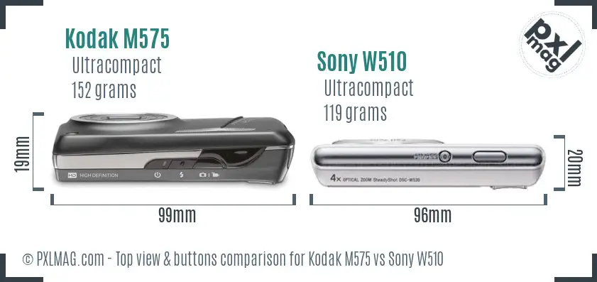 Kodak M575 vs Sony W510 top view buttons comparison