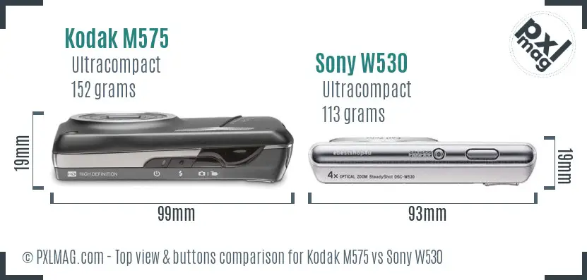Kodak M575 vs Sony W530 top view buttons comparison Kodak M575 vs Sony W530 top view buttons comparison