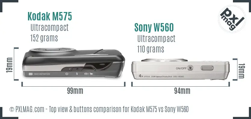 Kodak M575 vs Sony W560 top view buttons comparison