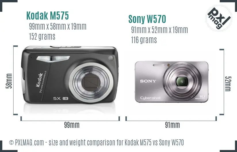 Size comparison of Kodak M575 vs Sony W570