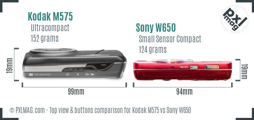 Kodak M575 vs Sony W650 top view buttons comparison