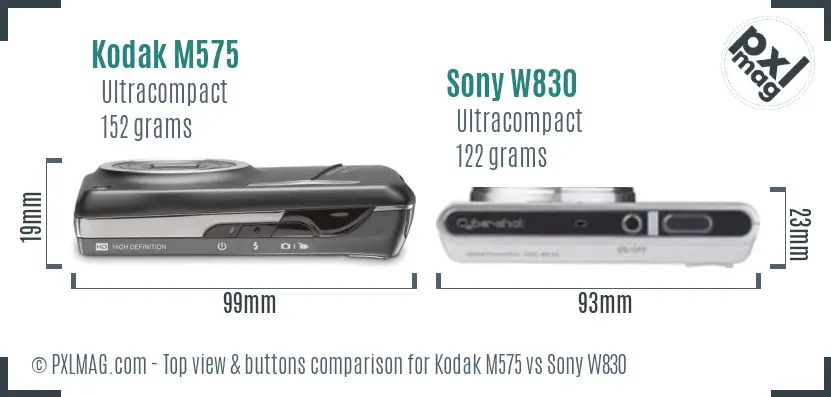 Kodak M575 vs Sony W830 top view buttons comparison