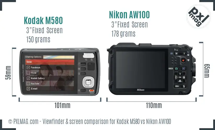 Kodak M580 vs Nikon AW100 Screen and Viewfinder comparison