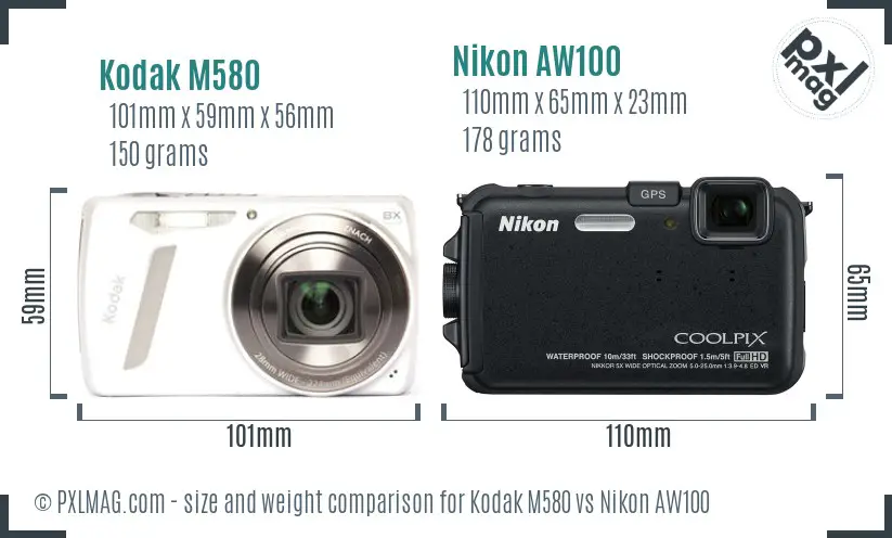 Kodak M580 vs Nikon AW100 size comparison