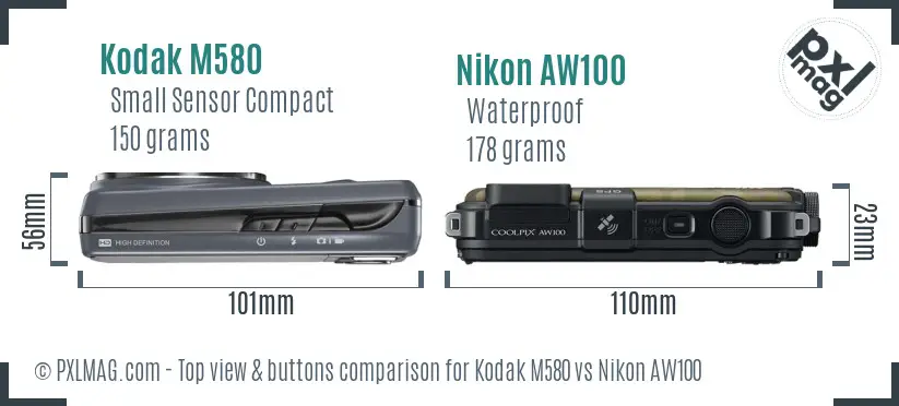 Kodak M580 vs Nikon AW100 top view buttons comparison